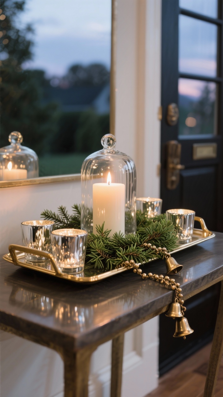 An entry table vignette photographed from a three-quarter angle, featuring mercury glass votives and a mercury glass hurricane with a lit pillar candle arranged on a polished brass tray. Greenery sprigs of boxwood and cedar weave between the pieces, with a strand of vintage brass sleigh bells adding a subtle metallic accent. Shot at dusk so the candle glow reflects in the mercury glass, creating a soft, glamorous shimmer.