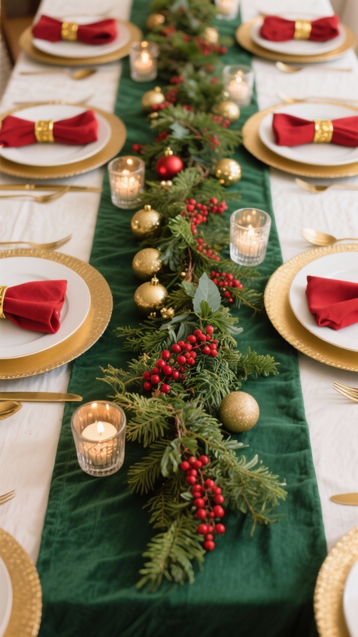 An overhead detail shot of a festive tablescape built from neutrals: a green linen runner down the center, white plates set on gold chargers, red cloth napkins cinched with gold napkin rings (or tied with slim gold ribbon); low greenery centerpiece with red berries, scattered small gold ornaments, and clear glass votive holders with tea lights; subtle reflections of candlelight on gold flatware and charger rims for an elegant, cozy ambiance.