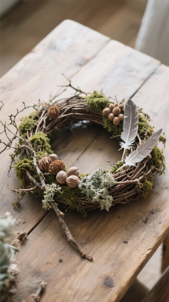 An overhead detail shot of a foraged-inspired woodland wreath laid on a natural wood table: open grapevine base partially adorned with moss, twigs, dried seed pods, and a few delicate feathers and lichen; color palette in sage, taupe, and soft brown with tactile textures emphasized in soft diffused daylight.