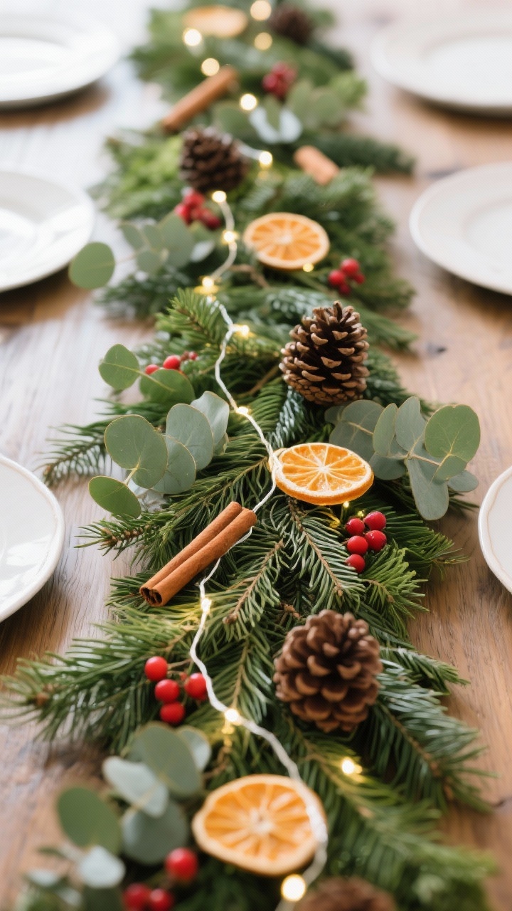 An overhead detail shot of a low, lush greenery runner: fresh cedar, eucalyptus, and pine woven down the table, tucked with pinecones, dried orange slices, cinnamon sticks, and red berry sprigs. A warm white micro-LED string subtly threaded through for gentle sparkle. Keep runner narrow with visible plate edges on either side, natural daylight highlighting texture.