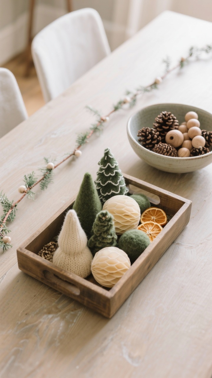 An overhead detail shot of a pet-proof tabletop centerpiece on a dining table: a wide wooden tray corralling decor for easy lifting, filled with soft accents like felt trees and knit cones in muted greens and creams, plus paper honeycomb spheres. Beside the tray, a wide, shallow ceramic bowl is filled with natural pinecones, unfinished wooden beads, and dried orange slices. A flat, wired garland runs down the table center with ends neatly secured by removable putty—no trailing pieces. Soft natural daylight, textures crisply rendered.