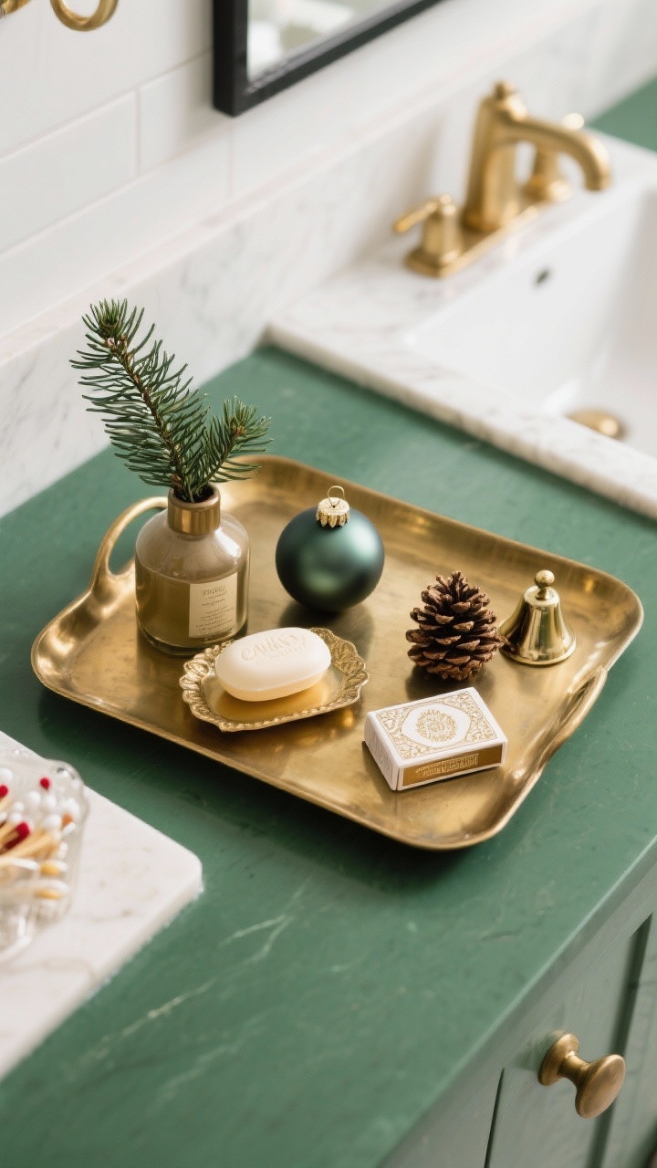An overhead detail shot of a styled holiday tray on a bathroom counter: a weighty brass tray holding fancy soap, lotion, a tiny bud vase with a sprig of evergreen, a single matte ornament, and a small pinecone. Include a decorative matchbook and a mini bell as personality accents. Tight palette of forest green and cream with brass metallic. Clean, intentional composition, photorealistic.