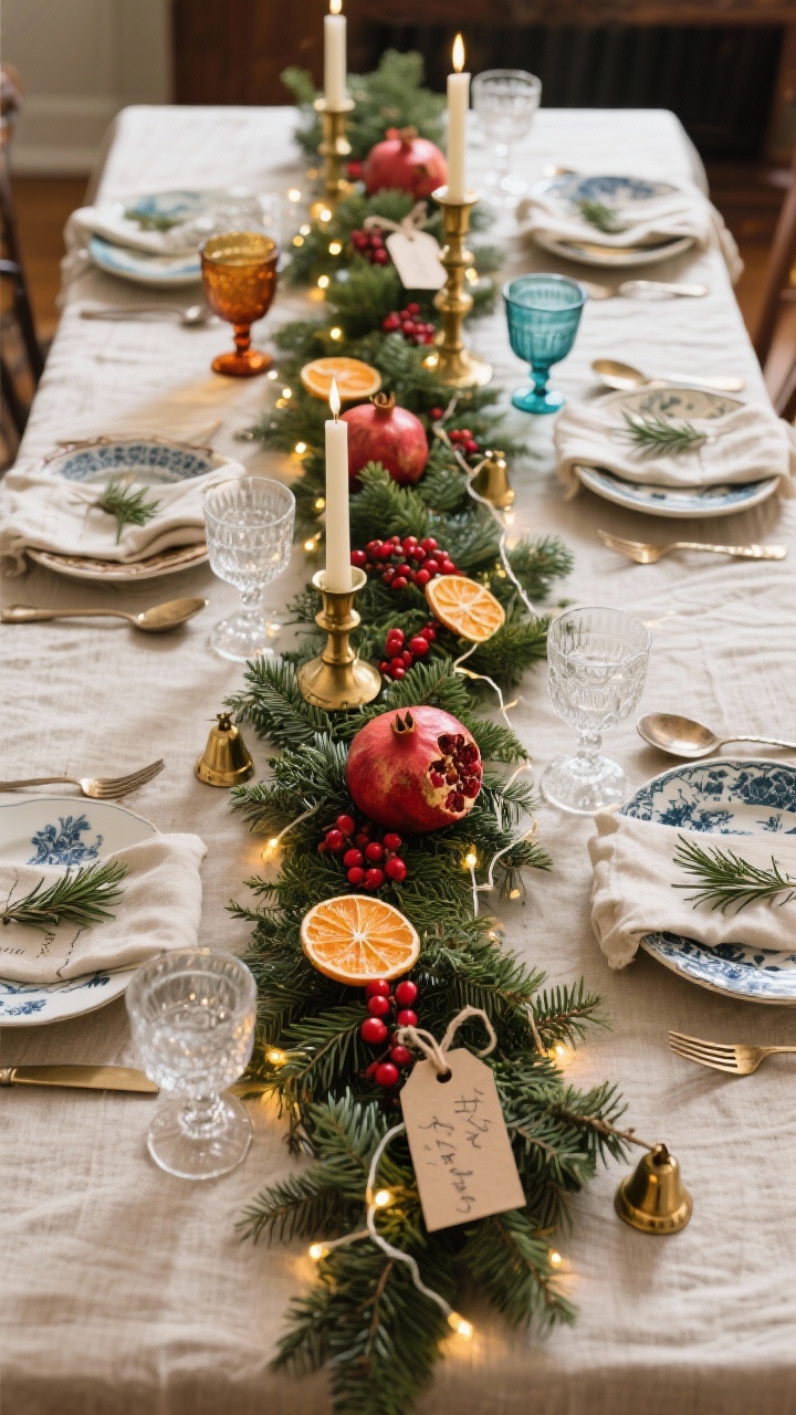An overhead detail shot of a traditional Christmas tablescape: a natural linen tablecloth base, a cedar garland runner down the center with tucked-in red berries, dried orange slices, and pomegranates. Brass candlesticks and a string of warm twinkle lights woven through the greens. Place settings feature mismatched china, real cloth napkins, and vintage silver/brass flatware. Place cards are handwritten tags tied to mini bells or sprigs of rosemary; cut crystal mixed with colored goblets.