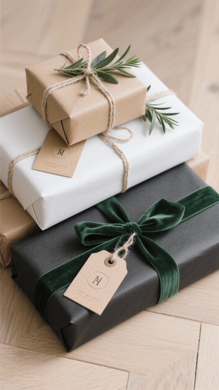 An overhead detail shot of uniformly wrapped gifts: matte kraft, white, and black papers; twill tape, cotton string, and a single velvet ribbon in muted forest green; simple cardstock tags with clean typography and stamped initials; each parcel finished with a sprig of eucalyptus or rosemary; stacked neatly on pale wood floor for a sculptural look; photorealistic.
