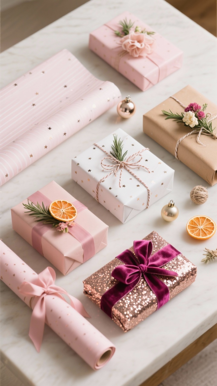 An overhead flat lay of coordinated gift wrap that doubles as decor: rolls and wrapped boxes in blush, white, kraft, and a single patterned paper (subtle stripes or tiny stars), plus one wild card glitter or foil wrap. Velvet ribbons in blush and magenta, metallic twine, and natural toppers—mini ornaments, dried orange slices, sprigs of rosemary, silk flowers—arranged neatly on a neutral tabletop. Bright, diffused light for crisp detail, photorealistic.