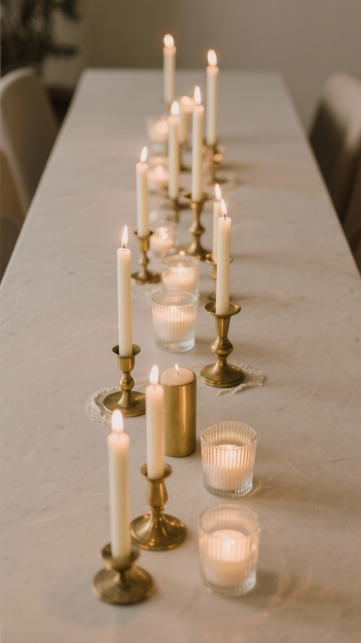 An overhead, linear tabletop composition showcasing a curated candle moment: groupings of dripless unscented candles—slender tapers in classic brass holders, chunky pillars on minimalist bases, and low votives in ribbed glass—arranged in 3–5 clusters down the table’s center. Include museum putty detail subtly keeping tapers straight. The overall color palette is neutral and warm; candlelight produces a soft, glowy ambience without heavy fragrance. Background elements are minimal to emphasize candle heights and holder styles.