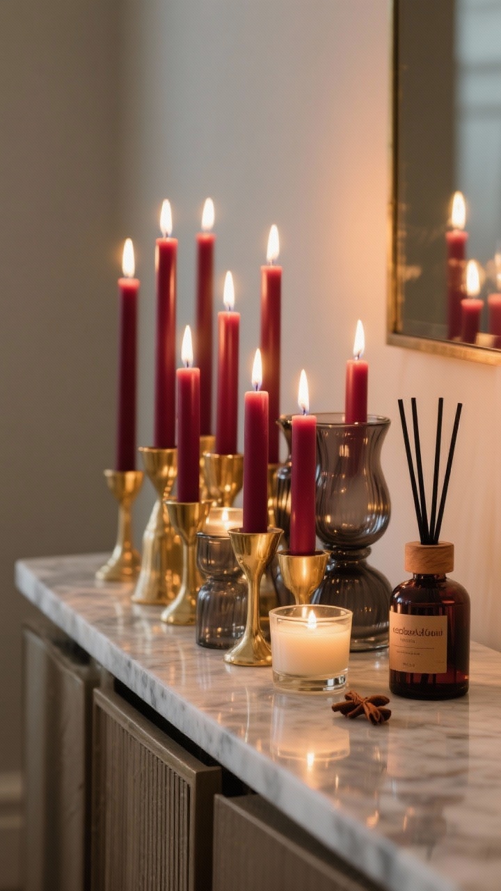 Closeup candlelight vignette, side angle: clusters of burgundy taper candles and votives arranged in odd numbers on a console, with mixed holders in gold, smoked glass, and marble; varied heights for visual movement; softly glowing, intimate low-light scene with gentle reflections; a discrete spiced/woodsy diffuser bottle present (cedar/clove/mulled wine) to suggest scent; photorealistic, cozy, no people.