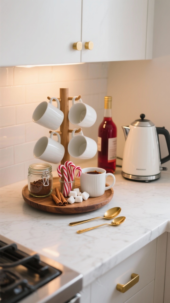 Closeup countertop vignette of a hot cocoa or mulled wine nook in a small kitchen: a round wood tray corralling white mugs on a mug tree, glass jars of cocoa mix, candy canes, cinnamon sticks, and mini marshmallows; a petite electric kettle to the side and a bottle of red wine for mulled nights; brass spoon accents; color scheme tight in white, wood, and brass; soft under-cabinet warm light, no people, photorealistic