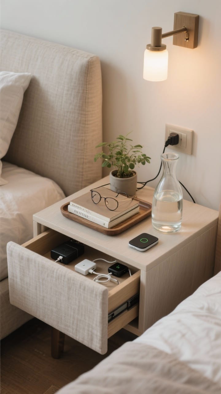 Closeup detail of a calm, functional bedside setup: a nightstand with closed storage drawer partly open to reveal chargers and essentials, a tray corraling a book, glasses, and a carafe of water on top, a small plant adding warmth; a hidden cable grommet at the back and a sleek wireless charger tucked neatly; soft linen textures, warm task light from a nearby sconce, photorealistic.