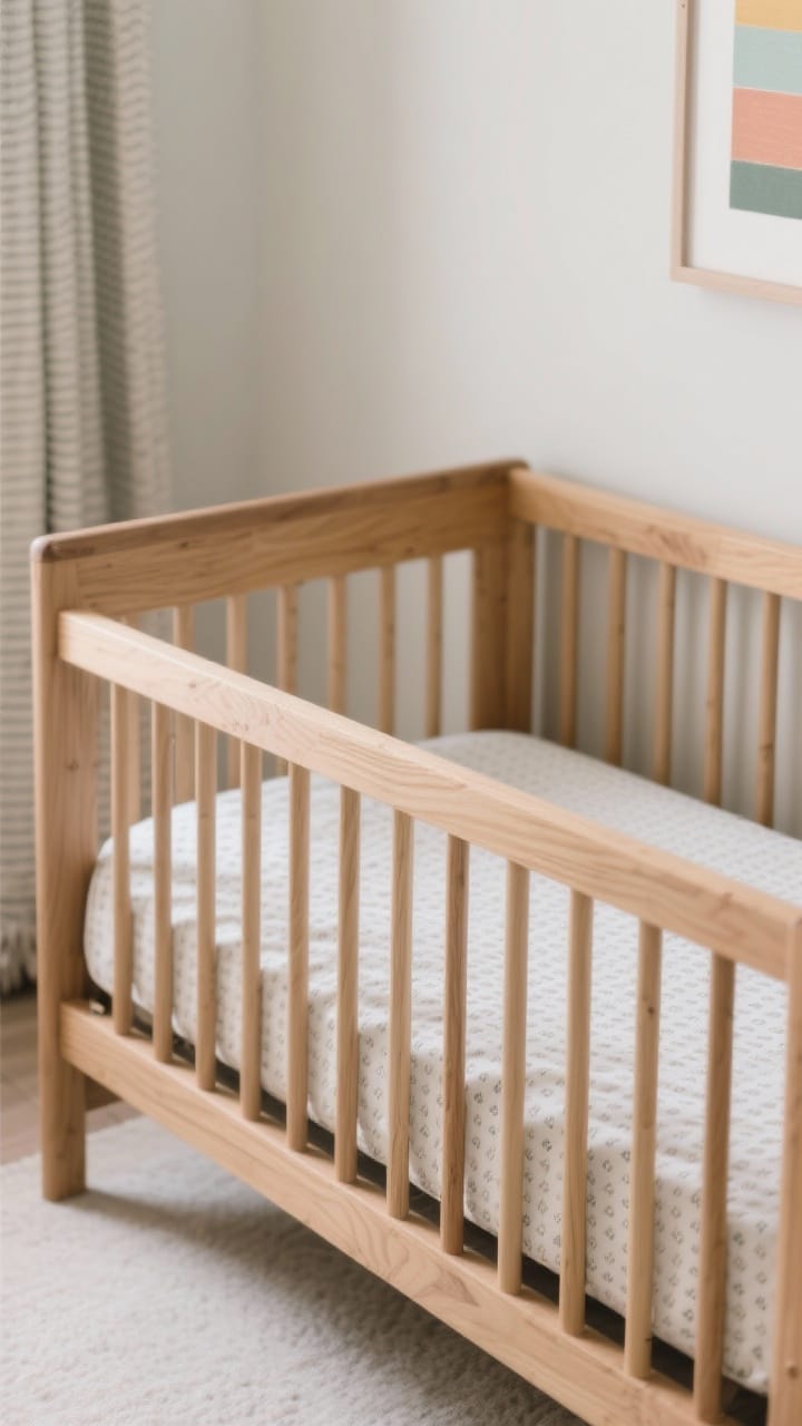 Closeup detail of a solid wood crib with adjustable mattress setting, styled simply: no bumpers, one fitted sheet in a subtle small-scale pattern. The crib has a neutral natural wood finish that feels warm and grounded. A glimpse of coordinating textiles and art nearby provides gentle color pops. Soft, even daylight that highlights wood grain, photorealistic.