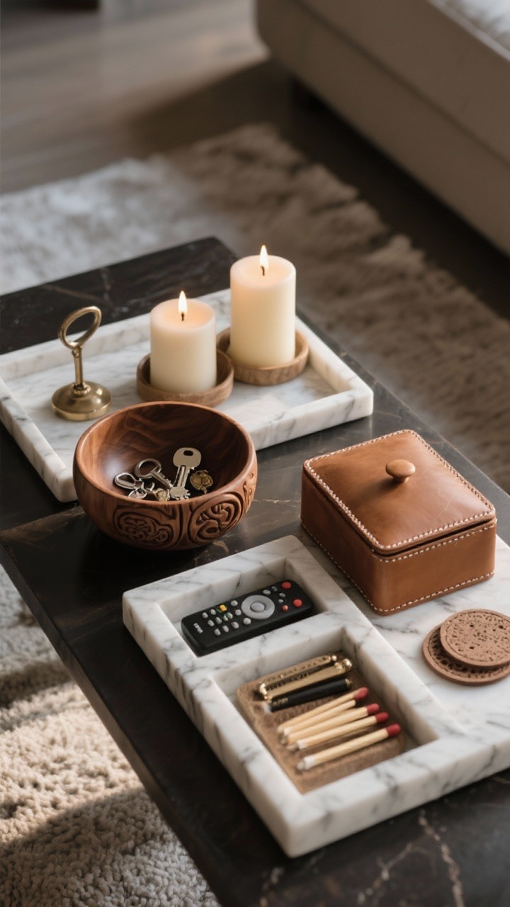 Closeup detail of containment pieces: a marble tray grouping two candles and a wick trimmer, a carved wood bowl corralling keys and tiny trinkets, and a leather or stoneware lidded box storing remotes, matches, and coasters; wintry materials with handcrafted feel; focus on forms and edges; warm, directional side lighting to accent textures; overhead top-down shot.