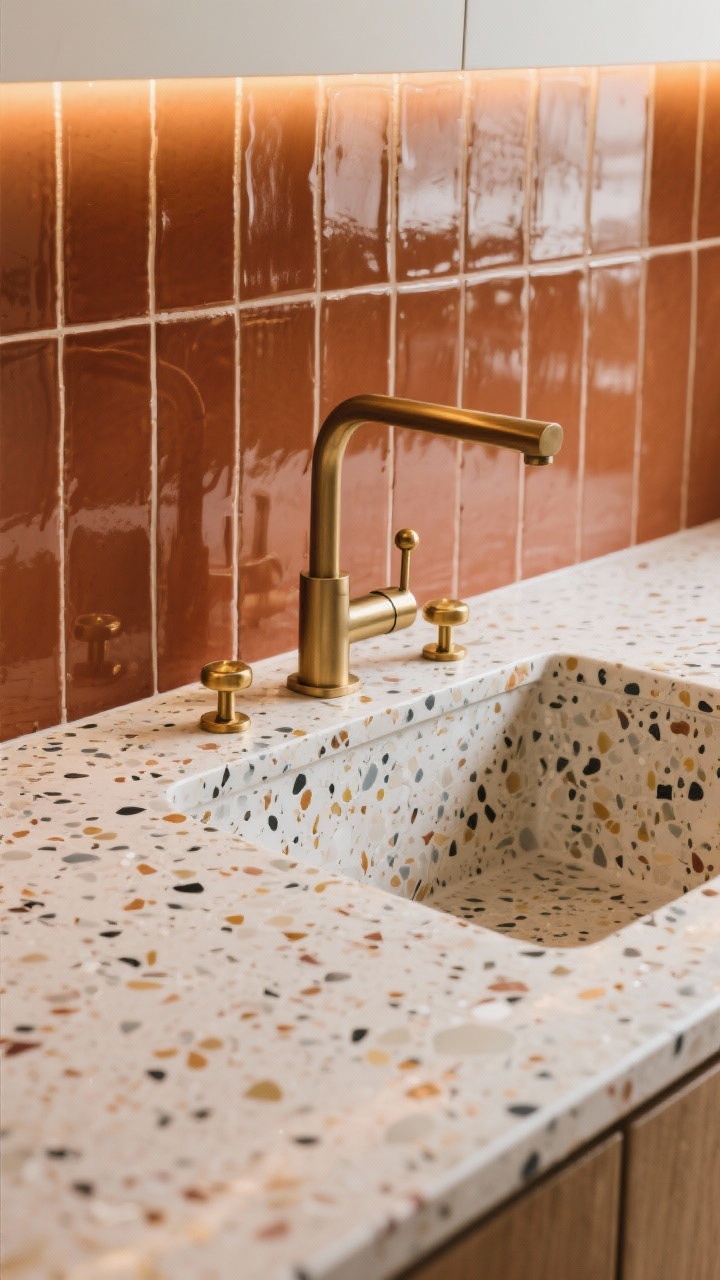 Closeup detail of material mix: a warm-speckled terrazzo countertop meeting glossy ceramic backsplash tiles in rust, with a brushed brass faucet and small brass knobs glinting subtly; balanced palette where the busy terrazzo is paired with quieter tile; soft side lighting to catch the sheen and speckles, photorealistic texture, no people.