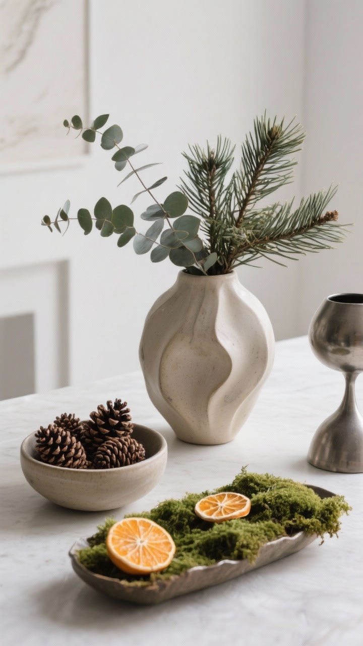 Closeup detail of natural winter elements: a sculptural ceramic vase holding cedar and eucalyptus clippings with soft movement, a shallow bowl filled with pinecones and dried orange slices, and a low dish of moss for an earthy minimalist touch; complementary ceramics and metal nearby; clean backdrop; photorealistic texture of needles, moss, and citrus; overhead three-quarter shot.