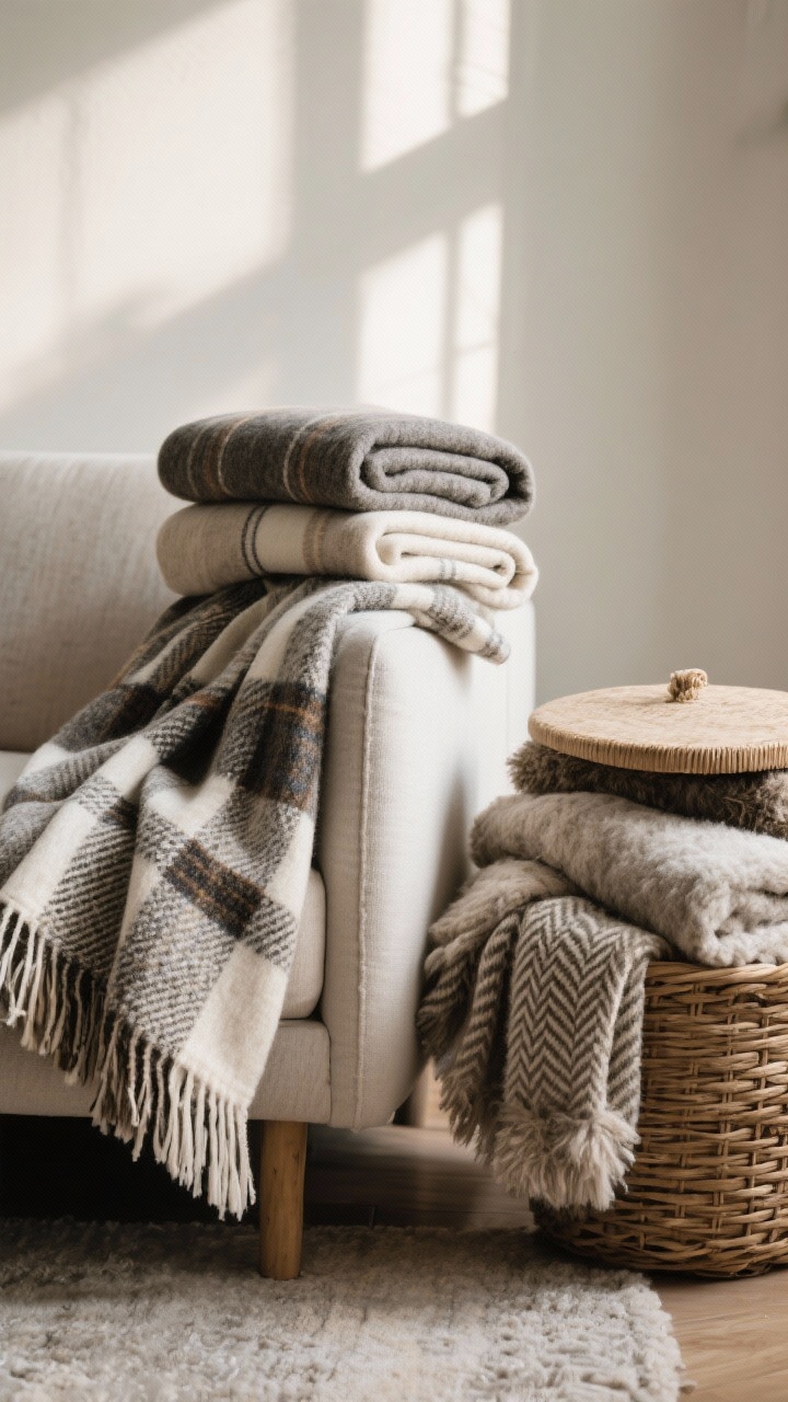 Closeup detail of throws styled three ways: the casual drape over a sofa corner, a neatly folded-and-hung throw over an arm, and a lidded basket on the floor filled with extra blankets; materials include wool, cashmere blend, heavy cotton, and faux mohair in herringbone and plaid patterns; soft, cozy morning light emphasizing weave and fringe details.