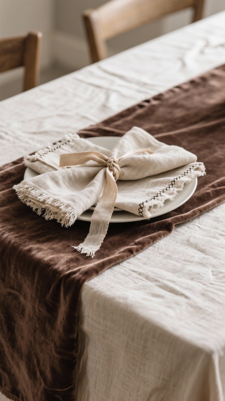 Closeup detail of upgraded winter table linens: a washed linen tablecloth with a rich velvet runner layered on top; double napkins—one linen with a gauzy overlay—tied with raw silk ribbon; hemstitch edge and lightly frayed textures visible; tone-on-tone palette in warm taupe and cream; natural morning light, slightly rumpled, lived-in chic.