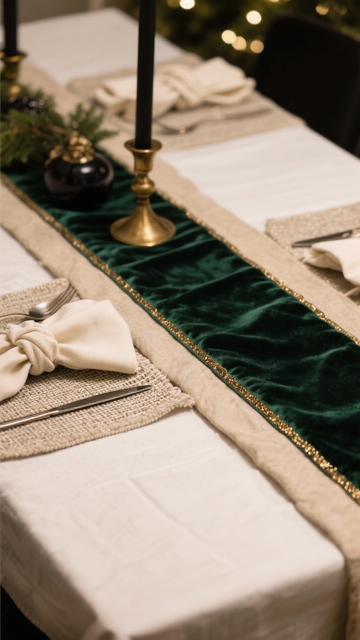 Closeup detail shot: a Christmas dining table’s luxe linen base with a crisp white tablecloth, a soft oatmeal linen runner layered beneath a narrow deep-forest-green velvet runner with subtle metallic thread. Include layered placemats for texture, neatly folded ivory cloth napkins loosely knotted, and hints of black and brass accents for drama. Focus on fabric texture and weave, shallow depth of field, warm ambient evening light, no people.