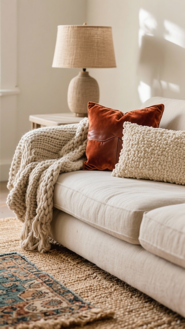 Closeup detail shot: a neutral-toned living room sofa styled with layered textures—chunky knit throw draped over the arm, a rust velvet pillow, and a small leather or cream boucle accent cushion. In the foreground, a jute rug is visible beneath a smaller vintage patterned rug layered on top. Soft, warm natural light; linen or burlap lampshade on a table lamp in the background, emphasizing tactile contrasts of knit, velvet, leather/boucle, linen, jute, and worn vintage weave.