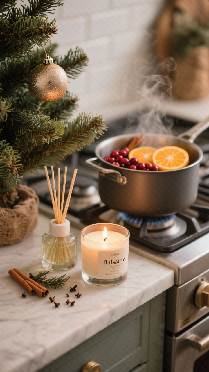Closeup detail shot emphasizing a cohesive scent story: a balsam-scented candle as the hero, a subtle reed diffuser nearby, and a simmer pot on the stove in the background with orange slices, cranberries, cinnamon sticks, and cloves. If a faux tree is partially in frame, show a scented ornament tucked deep inside. Warm, aromatic ambiance with gentle steam and candle glow.