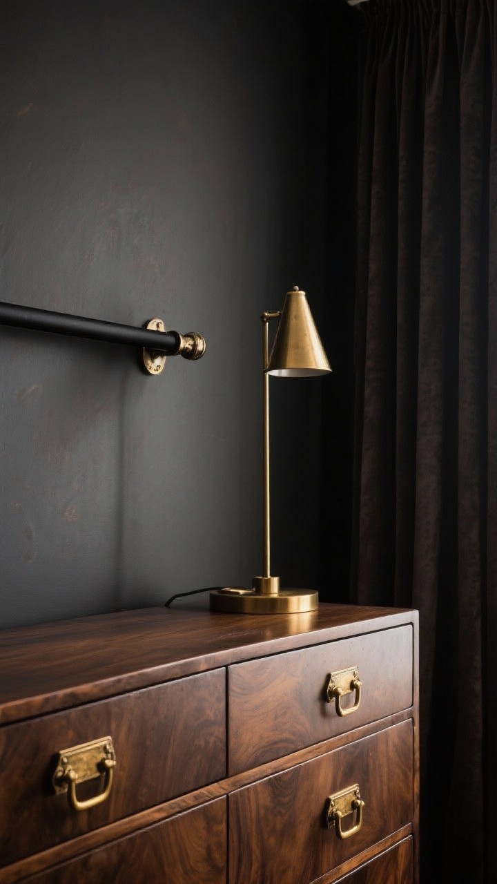 Closeup detail shot: Luxe metal hardware and accents on dark walls—antiqued brass drawer pulls on a walnut dresser, a matte black curtain rod with tailored dark curtains, and a brass lamp base repeating the primary metal; cohesive trio of metal moments, avoiding shiny silver; warm light glinting softly on patinated surfaces, photorealistic.