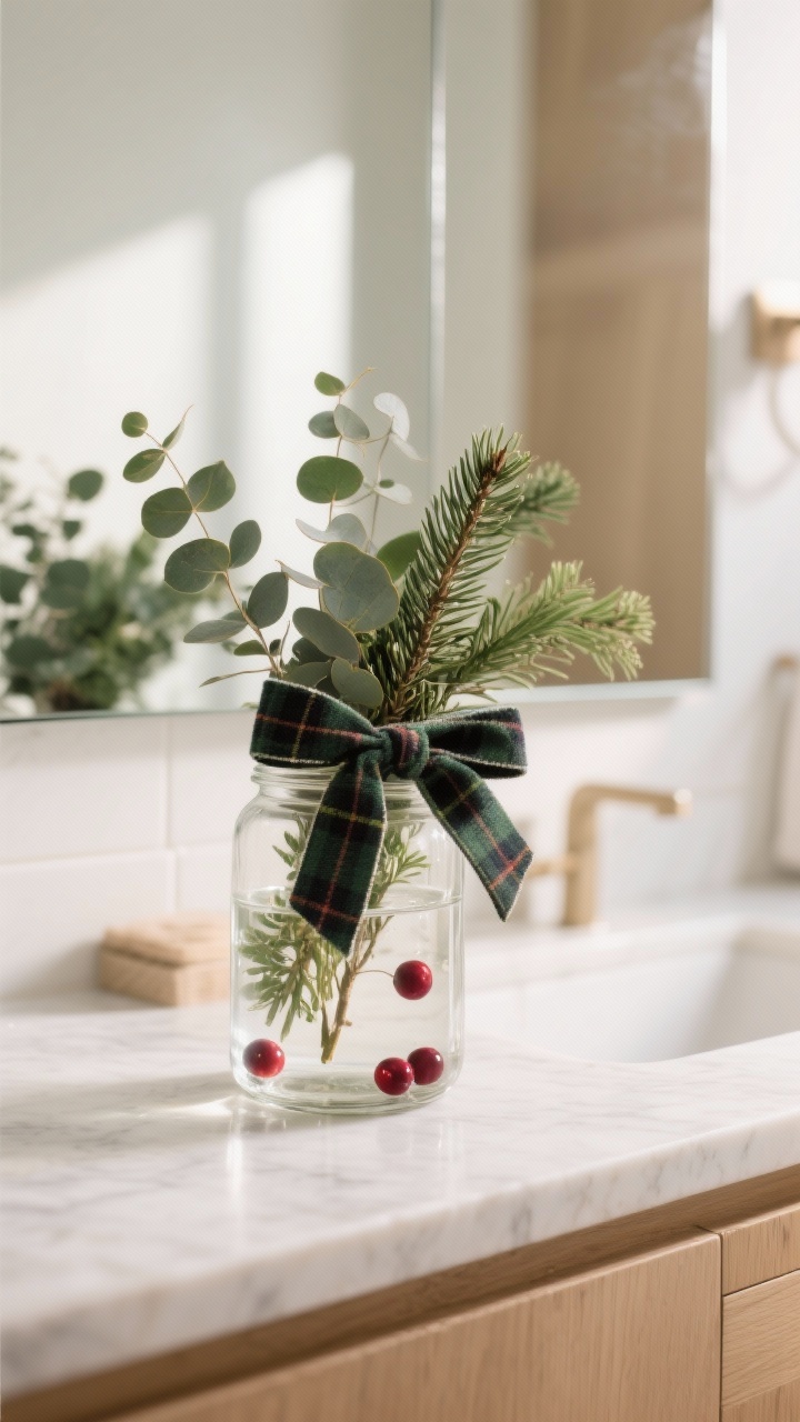 Closeup detail shot of a bathroom vanity vignette: a clear glass jar filled with water holding fresh eucalyptus, cedar, and pine clippings, a velvet plaid ribbon tied around the neck, a few floating cranberries visible through the glass; low-profile arrangement in front of a mirror without blocking it, set on a light marble countertop with warm natural daylight, minimal modern bathroom backdrop in ivory and soft wood tones, photorealistic, shallow depth of field focusing on the greenery and ribbon texture.