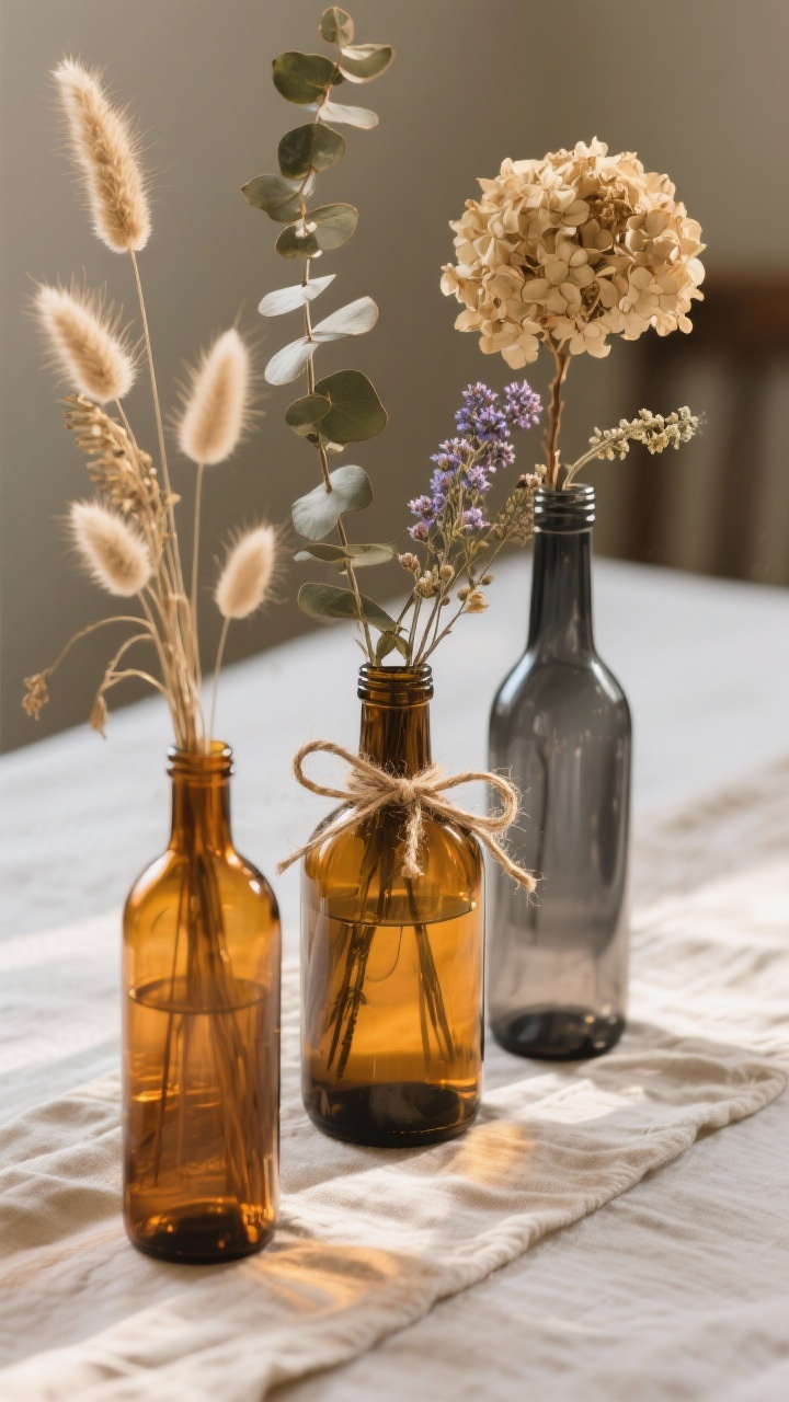 Closeup detail shot of a clustered trio of amber and smoke glass bottles in varying heights on a linen runner. Dried stems—bunny tails, wheat, eucalyptus, statice, and a single dried hydrangea—create soft, layered textures. One bottle is tied with a skinny twine bow for a subtle accent. Asymmetrical stems with some tall and some low for an intentional, artsy look. Warm, backlit glow highlighting the amber glass, photorealistic, no people.