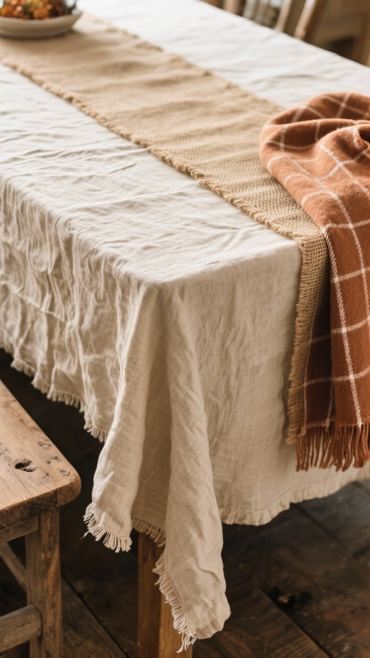 Closeup detail shot of a rustic fall table base: a chunky oatmeal linen tablecloth draped with natural wrinkles, a narrow burlap runner down the center, and a folded clay-colored plaid throw layered at one corner; soft morning natural light from the left highlights the fabric weave and frayed edges, wooden farmhouse tabletop peeking through at the ends, no tableware yet—just the tactile foundation materials in frame.