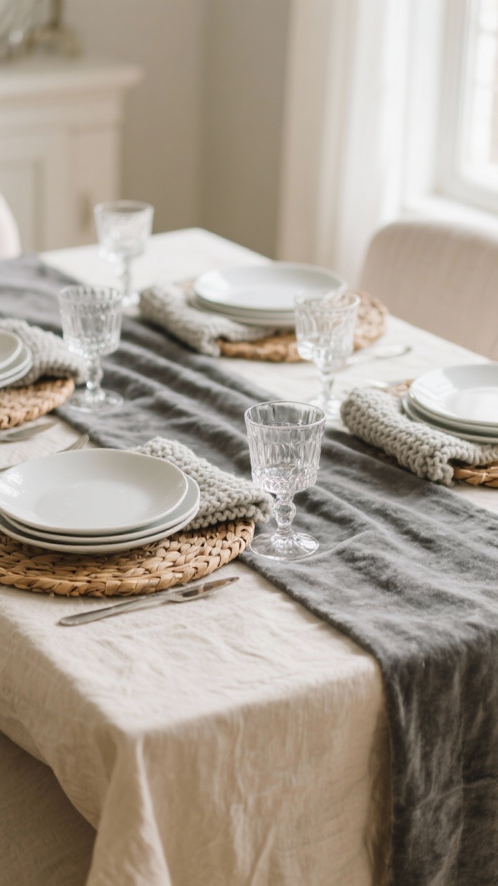 Closeup detail shot of a winter dining table layered with textures: an oatmeal linen neutral tablecloth, a stone-gray velvet runner down the center, matte white ceramic plates paired with sparkling crystal glasses, and woven rattan placemats; palette limited to cream, gray, and natural tan; soft afternoon window light highlighting chunky knit napkins and the matte-vs-gloss contrast; shallow depth of field, no people.