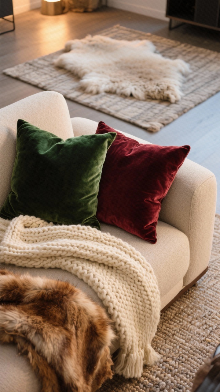 Closeup detail shot of layered cozy textiles on a modern apartment sofa: chunky knit cream throw draped over the arm, deep evergreen velvet pillow and burgundy velvet pillow nestled against a wool seat, with a faux fur blanket peeking in frame; in the background, a layered rug moment with a fluffy sheepskin on top of a neutral woven rug; tight color palette of cream, caramel, and evergreen; soft warm evening light for a cocooned feel, no people, photorealistic