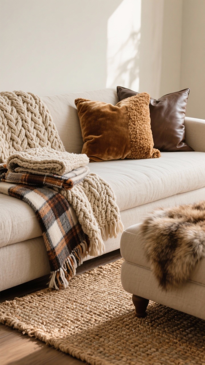 Closeup detail shot of layered fall textures on a neutral linen sofa: a chunky cable-knit throw draped over the back, a folded plaid blanket on the arm, and a faux fur casually placed over an upholstered ottoman; pillows mix velvet, nubby bouclé, and a slim leather lumbar; underfoot, a woven jute rug layered atop a flatweave; soft, warm afternoon light emphasizes fabric weaves and pile; no people, photorealistic.