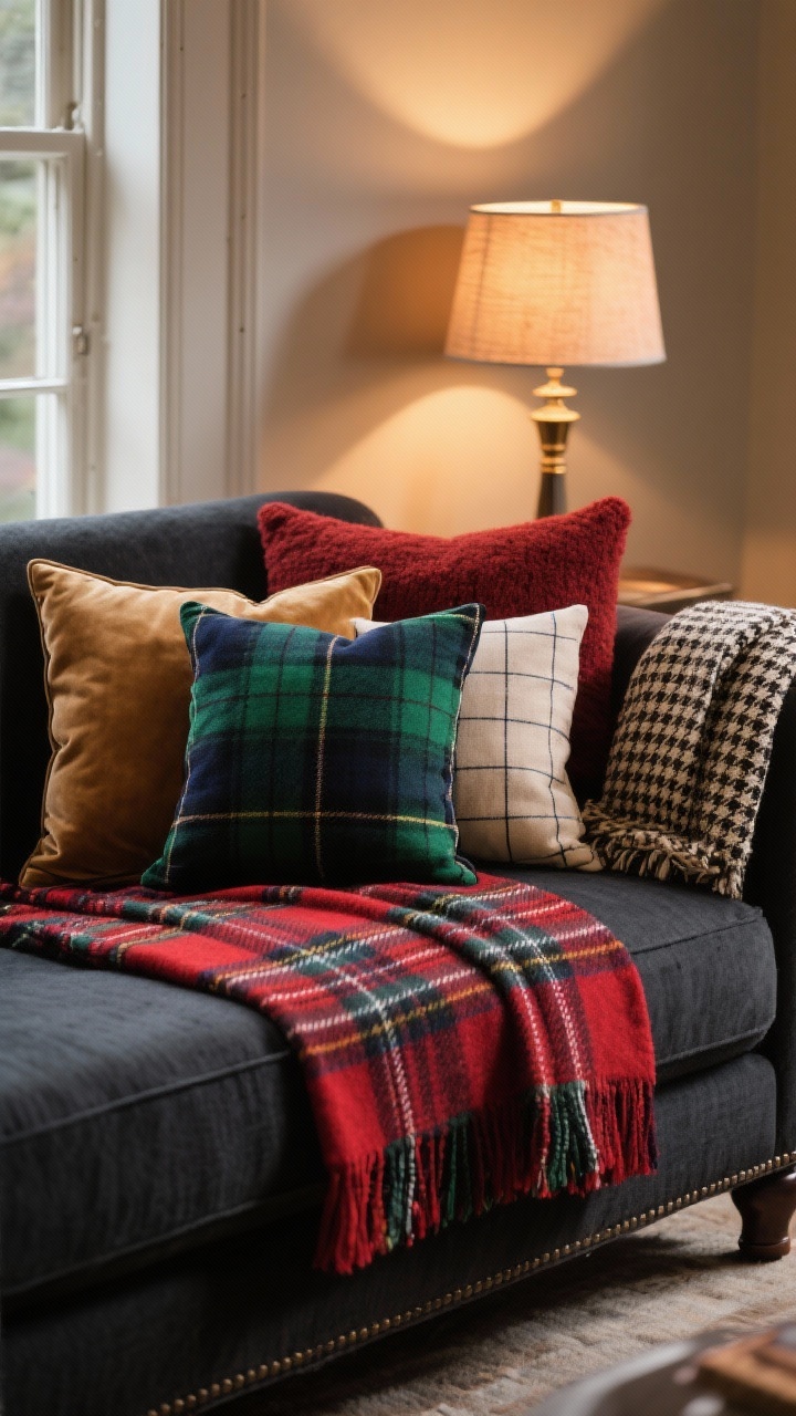 Closeup detail shot of layered heritage plaids on a dark linen sofa: deep red tartan throw, forest green and navy Black Watch plaid pillow, and a subtle windowpane check cushion; grounded by a solid camel velvet pillow and an oxblood wool lumbar; a small-scale neutral houndstooth blanket draped on the arm; warm evening lamp light, polished yet cozy, no people, photorealistic.