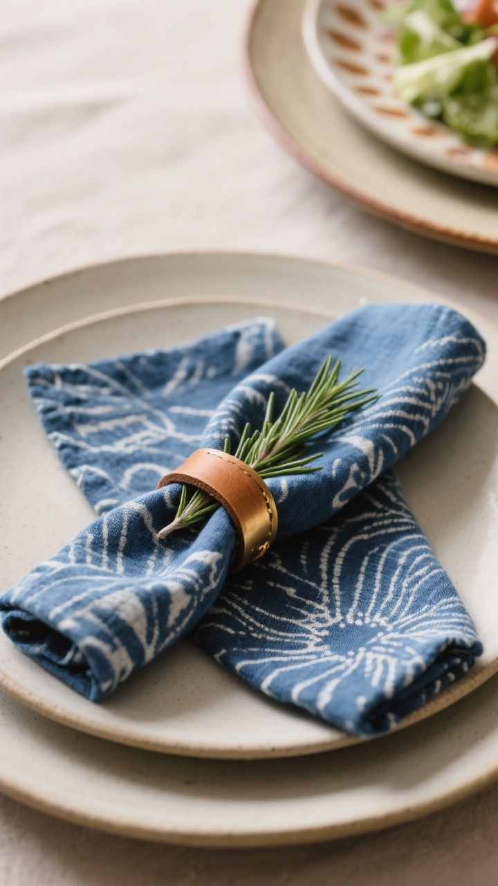 Closeup detail shot of napkin styling on a plate: indigo-dyed linen or block-printed blue napkin tied in a simple knot, placed on a neutral plate, with a sprig of rosemary tucked into the knot. Include a variation in frame edges: a second plate showing a napkin threaded through a leather or brass ring and another partially visible showing a napkin layered under a salad plate so the pattern peeks out. Warm-toned contrasting napkin rings (wood/brass/ceramic). Soft, cozy lighting, photorealistic, no people.