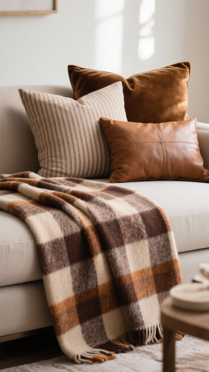Closeup detail shot showing pattern balance: a hero plaid throw in muted fall colors draped over a sofa back, paired with solid velvet pillows in coordinated tones; an additional pinstripe pillow and a small leather accent cushion for subtle mix; tight palette of two to three colors; soft, indirect daylight to highlight pattern without chaos.