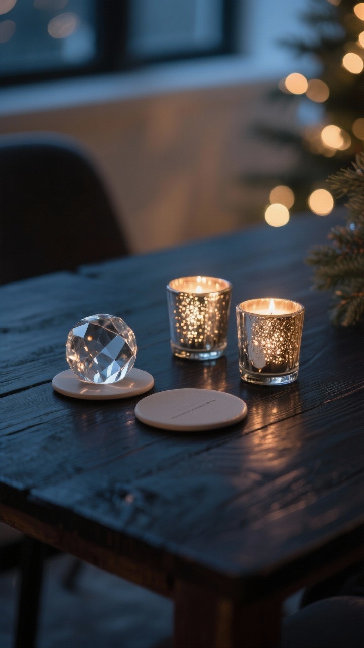 Closeup, evening glow: subtle seasonal sparkle on a dark wood table—two mercury glass votives casting a soft, dappled light, a crystal paperweight catching candlelight, and matte ceramic coasters to keep the rest grounded; one shiny element emphasized while surroundings remain matte; bokeh highlights, intimate festive mood without glitter overload.