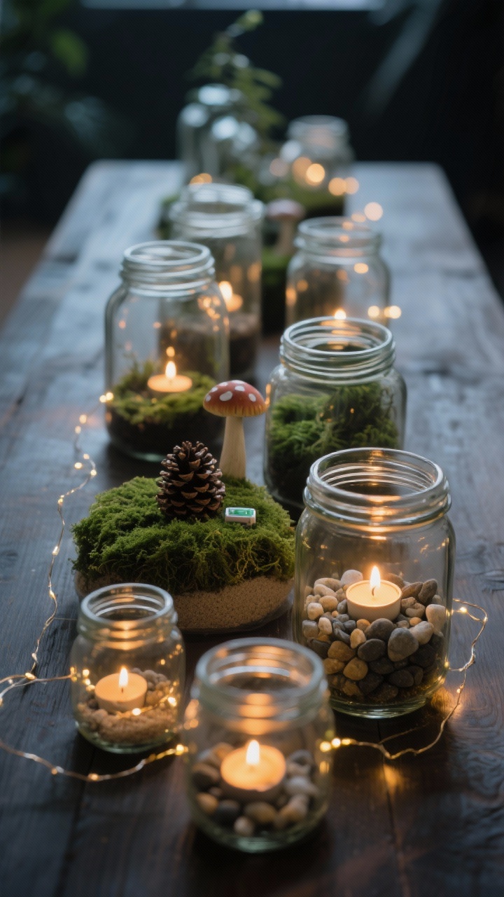 Closeup, moody vignette of a cluster of mason jar terrariums in varying sizes arranged in odd numbers down the table. Inside each: a base sprinkle of pebbles or sand, a cushion of moss, and a tiny element like a mini pinecone or a small faux mushroom. Warm battery tea lights glow inside some jars, while micro LED strings wrap gently around others at the base outside the glass. Low-light, cinematic atmosphere with soft highlights and shadows, photorealistic, no people.