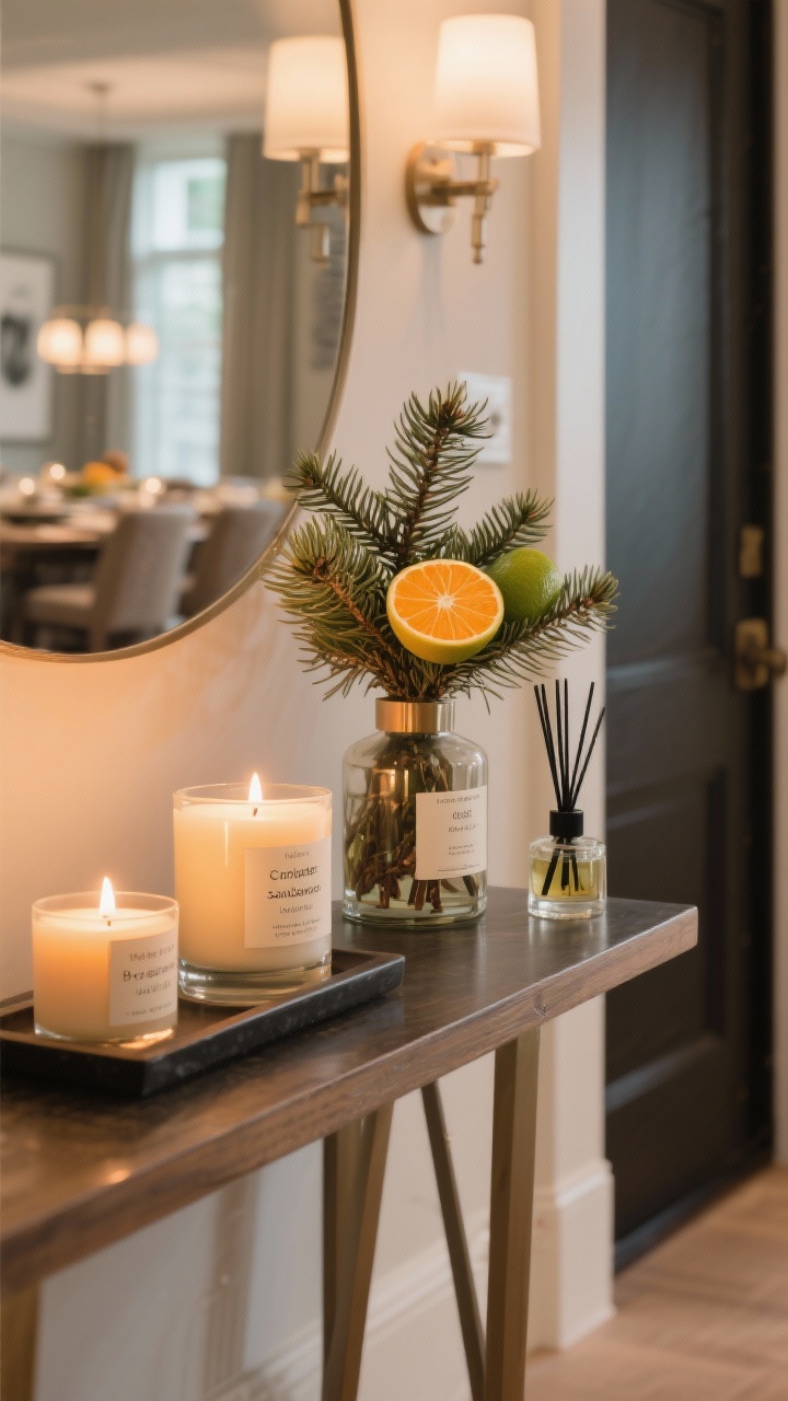 Closeup of signature scent vignette on a console: candles and a diffuser labeled with notes of cedar, sandalwood, clove, amber, and a whisper of smoke; in the entry, a small arrangement featuring fresh pine with citrus (bergamot/orange) beside it; warm, soft glow, minimal visual clutter; conveys cozy sophistication while implying unscented candles in dining areas; photorealistic texture of wax and glass.