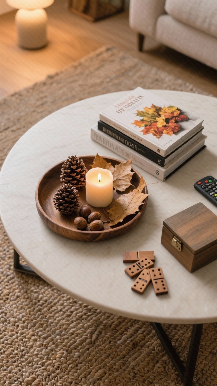 Closeup overhead detail of a coffee table vignette: a round tray holding a lit candle, a small stack of art/design books with one swapped for a fall cookbook on top, and a natural element like pinecones, acorns, and dried leaves. Include a small wooden dominoes set to one side and a lidded box for remotes. Table sits on a jute rug; balanced negative space left for daily use; warm lamplight glow.