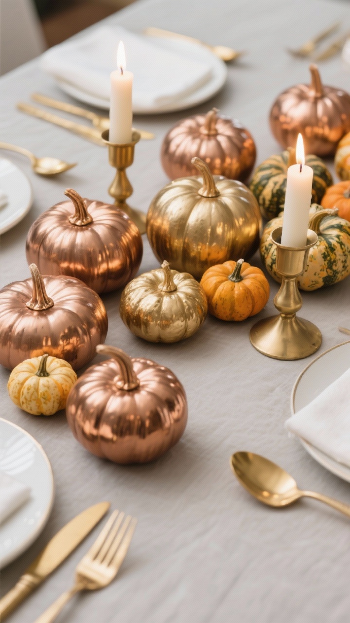 Closeup, overhead detail of a metallic-meets-natural pumpkin scatter: small pumpkins painted in a single metallic tone (gold or copper) mixed with natural mini pumpkins. Matte and glossy finishes interplay; brass candlesticks and hints of gold flatware frame the scene. Candlelight kisses the metallic surfaces, modern glam yet simple, on a neutral table setting.