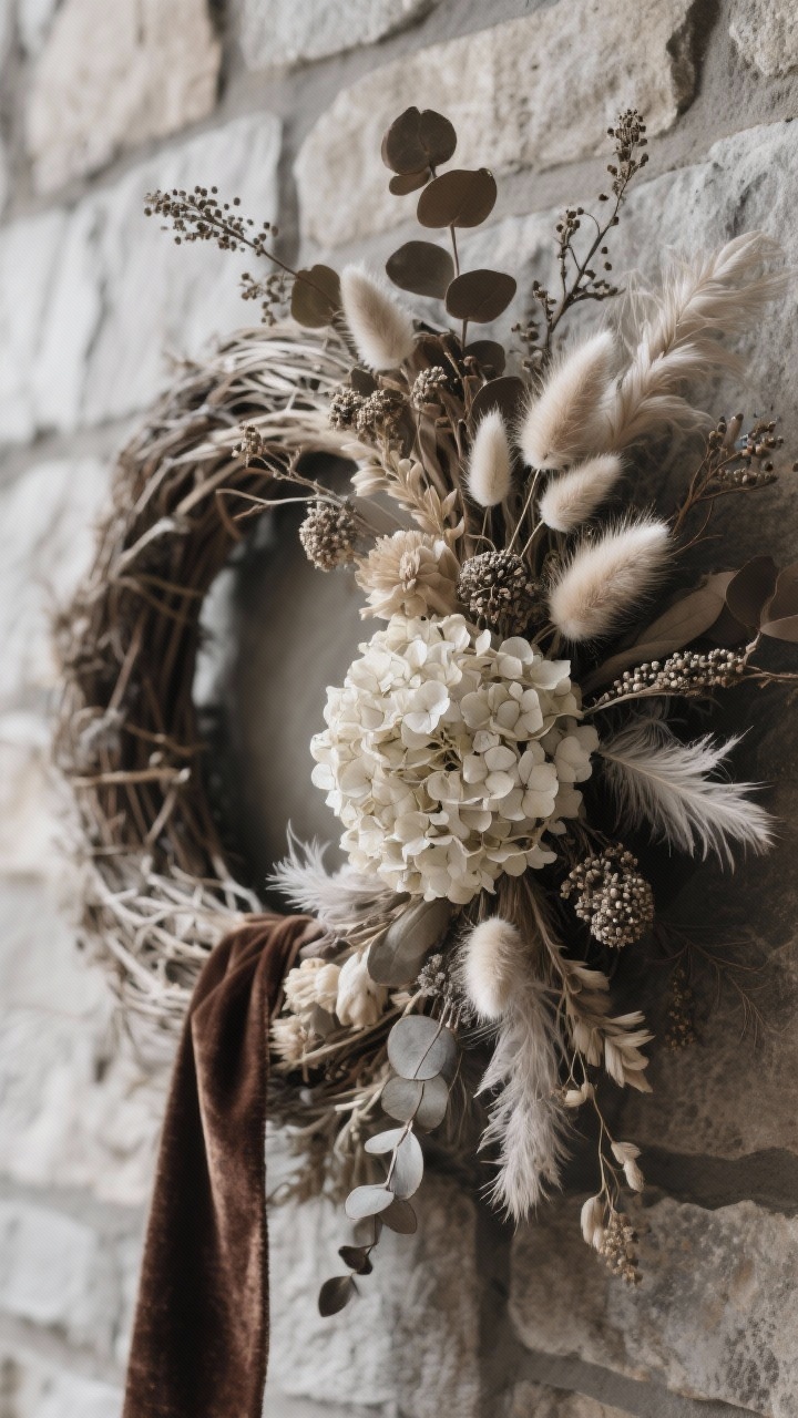 Closeup, side-composed shot of a moody, neutral winter floral wreath on a stone wall: dried hydrangea, bleached ruscus, bunny tails, seeded eucalyptus in taupe, champagne, smoke, and ivory; larger blooms clustered on one side, feathered around the bottom; a narrow velvet ribbon in espresso trailing softly; soft, diffused light for a quiet luxury mood.