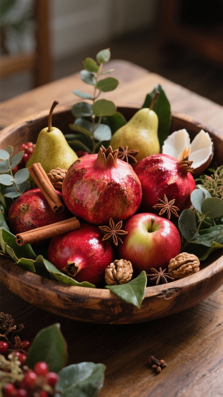 Closeup, slightly angled overhead shot of an edible centerpiece: an old wooden bowl lined with magnolia leaves and eucalyptus, piled with pomegranates, pears, shiny apples rubbed with a hint of coconut oil, and scattered walnuts; accented with cinnamon sticks, star anise, and whole cloves; rich, festive color palette (deep reds, greens, warm wood); soft side lighting emphasizing gloss and texture.