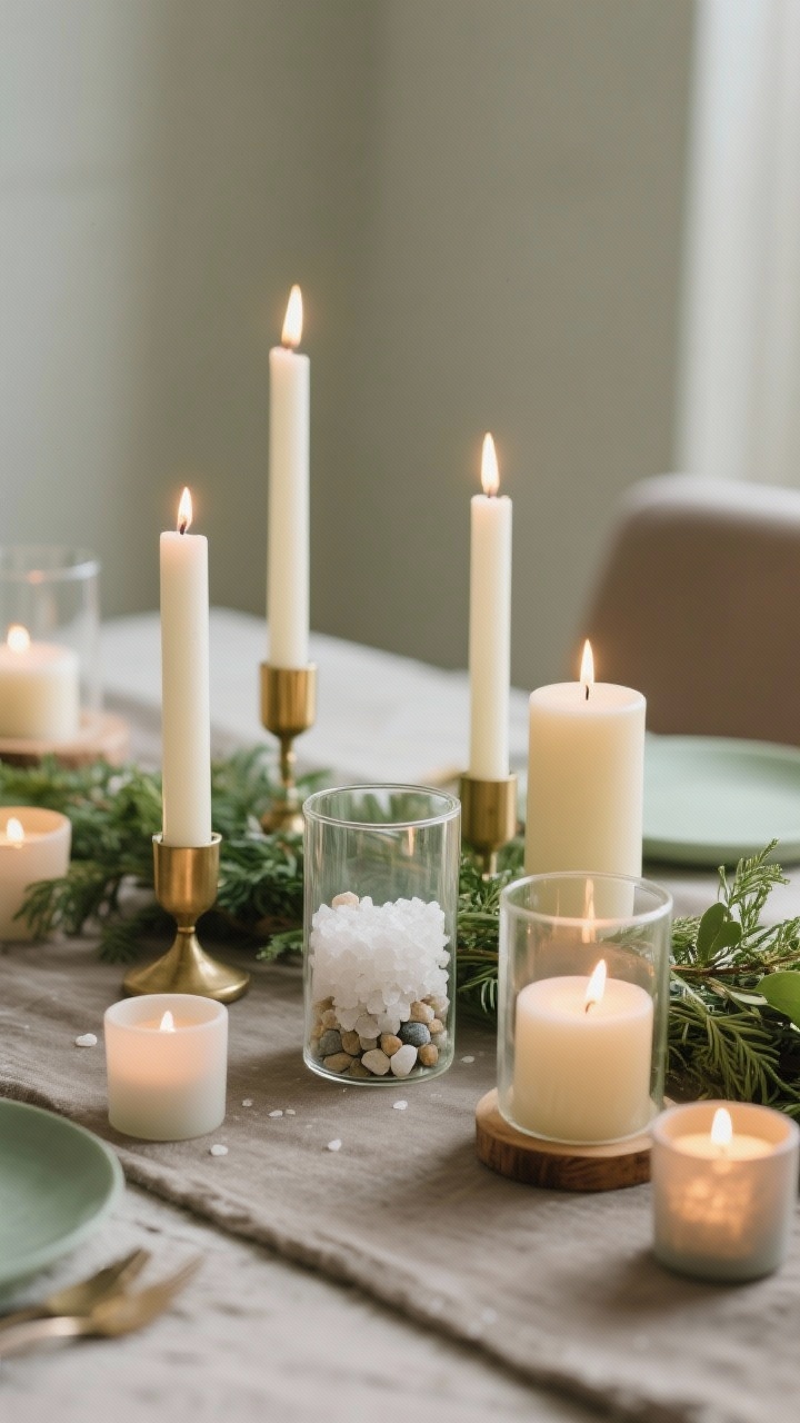 Closeup, straight-on composition of mixed candlelight: cream and soft white taper candles in simple brass and wood holders alongside a few chunky pillar candles inside clear glass hurricanes; thin bed of salt or tiny pebbles at the base of hurricanes to catch drips; greens trimmed safely away from flames; a few tea lights in opaque holders scattered for flattering glow; muted palette (sage, taupe accents); intimate, effortless ambiance.