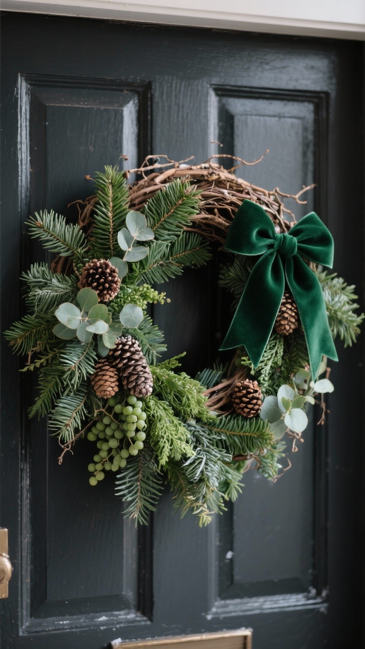 Closeup, straight-on view of a plush evergreen wreath on a dark-painted front door, built on a grapevine base and densely layered with cedar, fir, and eucalyptus for mixed texture and fragrance; a few natural pinecones wired in and a small side-tucked velvet ribbon bow in deep green; soft winter daylight highlighting the varied greens and needle detail; photorealistic texture of foliage and grapevine, no people.