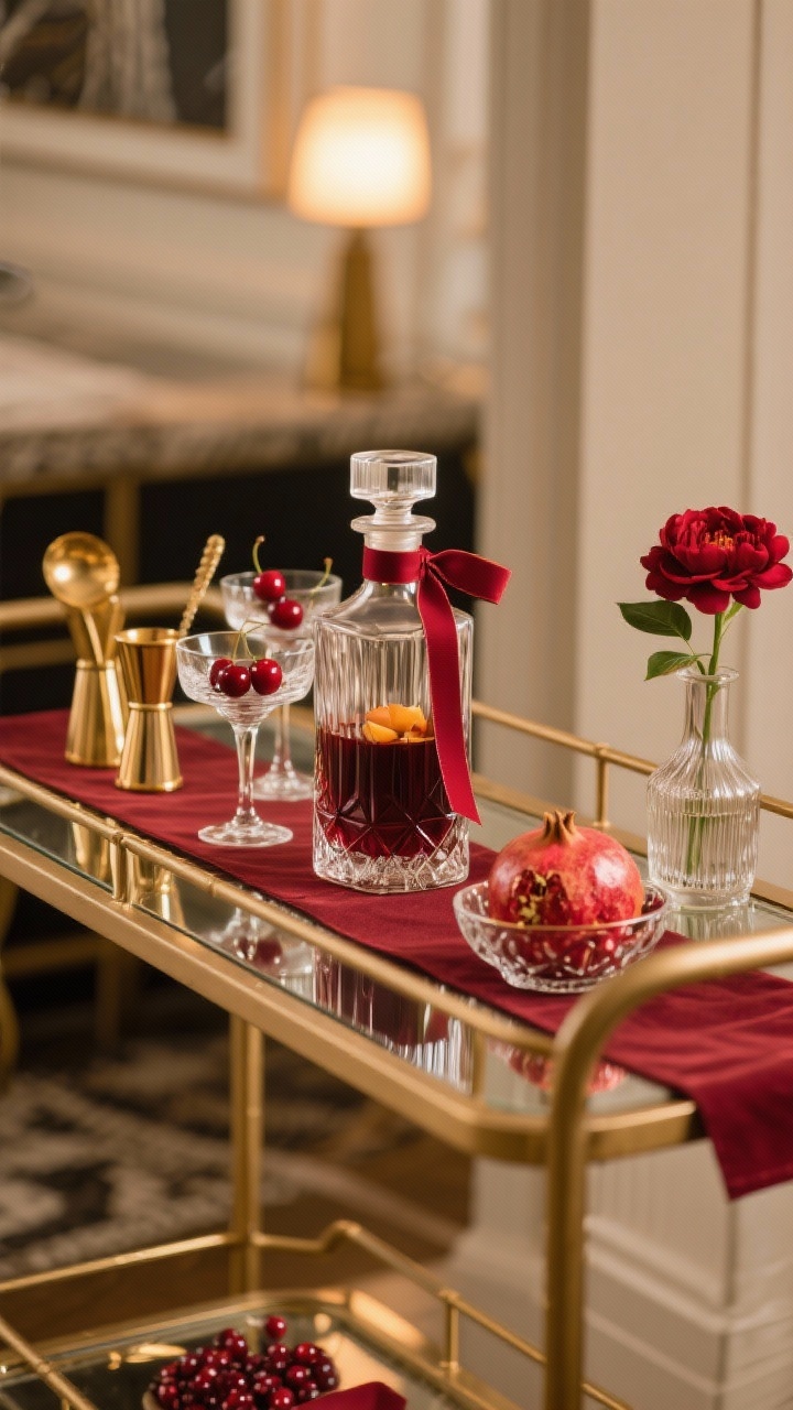 Closeup, three-quarter angle of a styled bar cart: a slim burgundy runner or ribbon weaving through shelves, clear decanter filled with cranberry or mulled wine tied with a narrow burgundy ribbon at the neck, gold bar tools, coupe glasses, cherry/cranberry garnishes, a small bowl of pomegranates for color, and a tiny vase with a single burgundy bloom; warm ambient lighting reflecting on glass and metal, photorealistic.