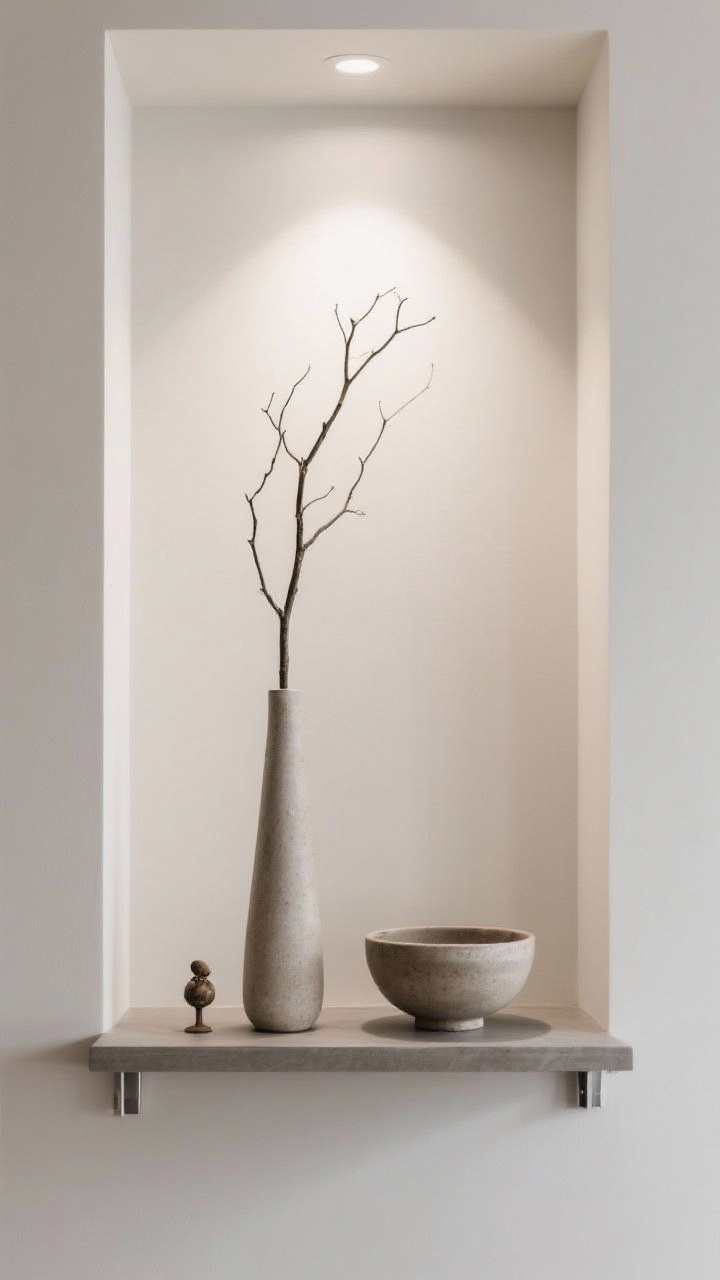 Closeup-to-medium shot creating height without clutter: a tall slender vase with slim branches centered slightly inward, paired with a low stoneware bowl and a tiny decorative object (high–low–tiny); adjustable shelf height giving the arrangement room to breathe; tall items kept off the very outer edges unless balanced; clean negative space; gentle overhead front light; straight-on view.