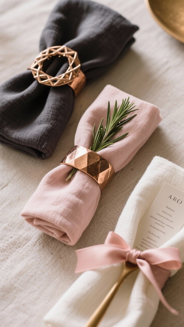 Closeup, top-side angle: Napkin styling focus—moody charcoal, soft blush, and ivory linen napkins shown in a knot fold and pocket fold, each adorned with rose gold napkin rings in hammered, geometric, and wreath-inspired designs. A sprig of rosemary tucked into a pocket fold, and blush silk ribbon tied around a stem or menu for a luxe, textured finish. Warm, soft lighting to highlight fabric weave and metal textures.