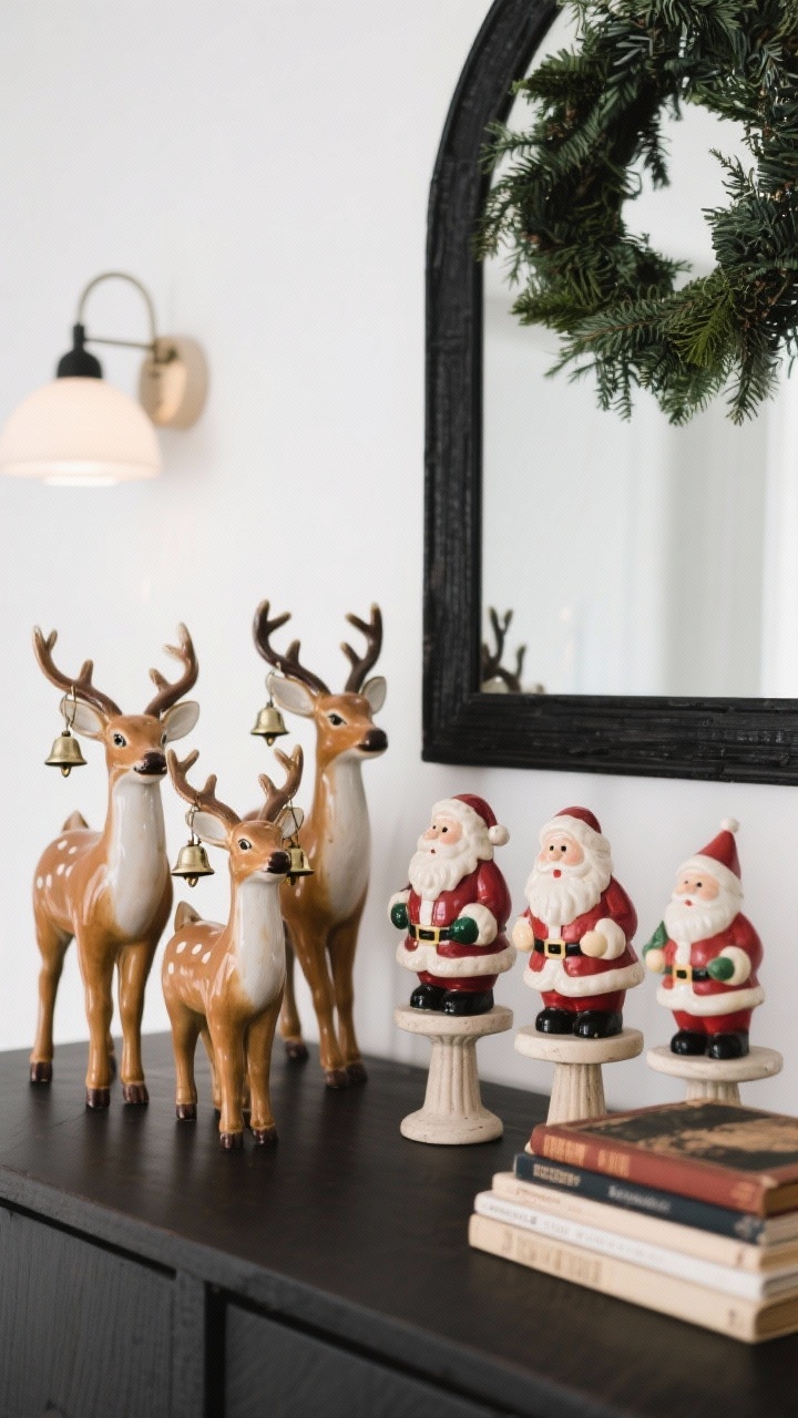 Closeup vignette of curated retro figurines: a cluster of ceramic reindeer with little bells on one side and a trio of vintage Santas on the other, arranged in odd numbers; add height with mini pedestals and stacked hardcover books; balance the kitsch with a minimalist black-framed mirror and a simple matte greenery garland; warm white ambient light, crisp details on ceramic glaze and tiny bells, clean composition that feels intentional not crowded