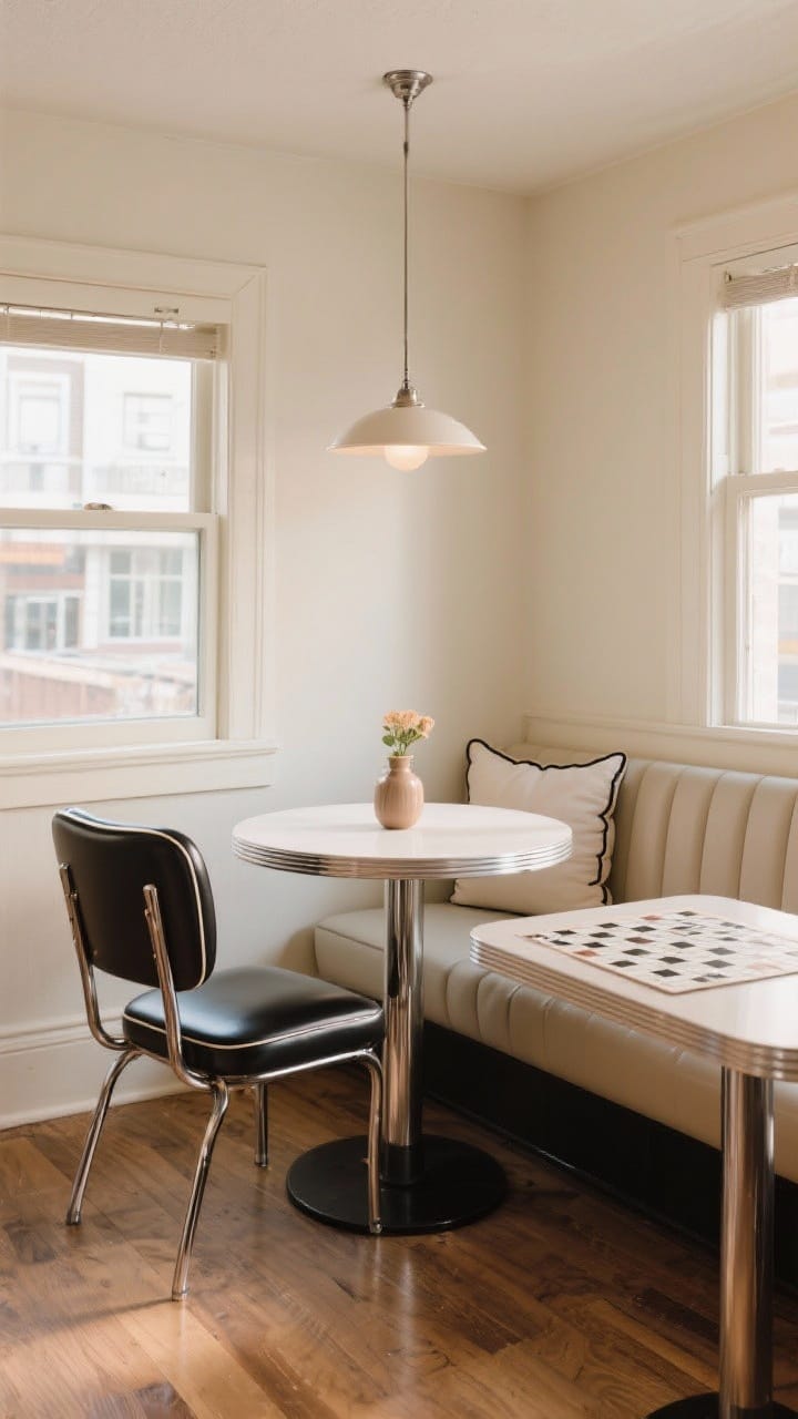 Corner-angle medium shot: A cozy breakfast nook with a round pedestal table and vinyl-upholstered diner chairs with chrome legs; built-in banquette on one side with piped cushions in contrasting trim; slim café table option visible in a narrow layout; warm ambient daylight, friendly rounded forms, and a small vase on the tabletop; the arrangement invites lingering over coffee and crosswords.