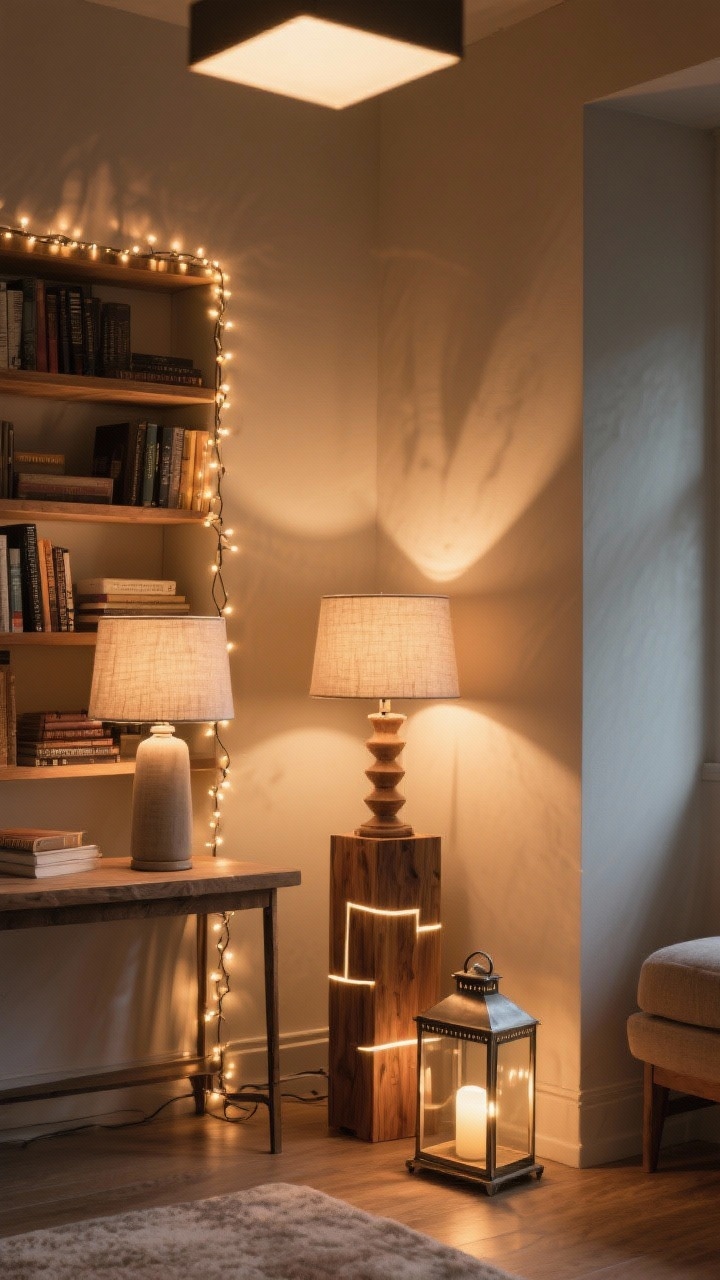 Corner-angle medium shot emphasizing layered ambient lighting: two table lamps with fabric shades using 2700K warm bulbs, string lights draped along a bookshelf, and a wood-and-metal lantern with an LED pillar on the floor; lights placed at different heights for an all-over glow; overhead light off; cozy shadows across textured surfaces; photorealistic.