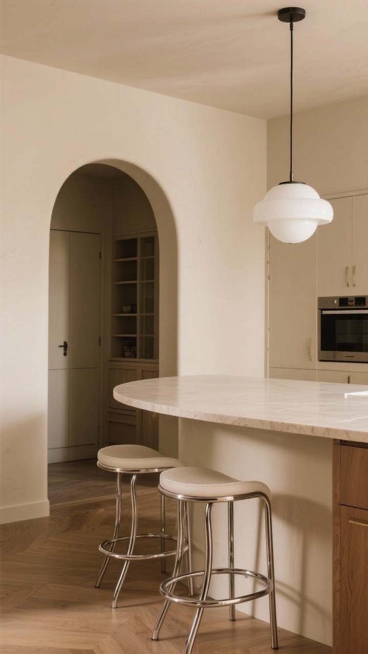 Corner angle medium shot focusing on curves: a kitchen island with rounded corners and a bullnose countertop edge, an arched doorway leading to a pantry, and two curvy bar stools with tubular chrome frames; swap any boxy pendant for a single white glass globe pendant above the island; warm, inviting mood with soft shadows, no people.