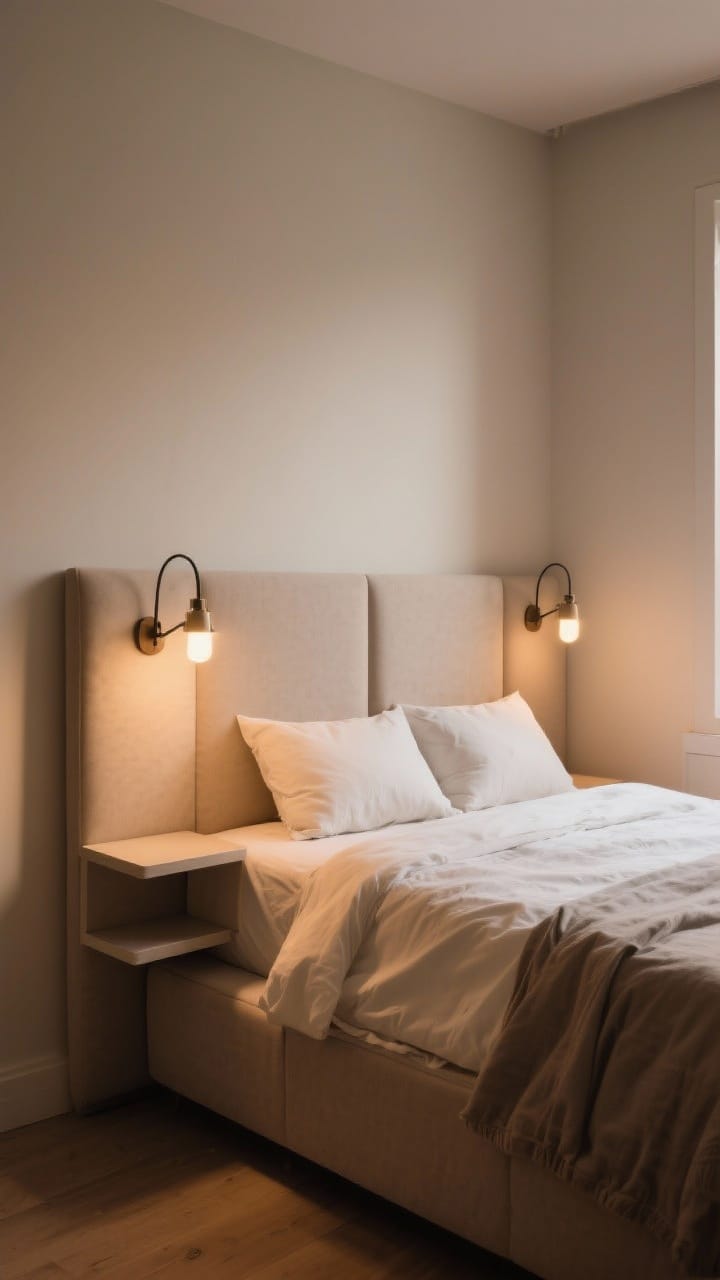 Corner-angle medium shot of a small bedroom with the bed nestled into a corner, framed by a wraparound headboard or two upholstered panels meeting at 90 degrees; swing-arm sconces mounted on each wall above the pillows for lighting, and a small floating shelf near the pillow side acting as a micro-nightstand; soft linens, light walls, compact yet chic, warm evening glow, photorealistic.