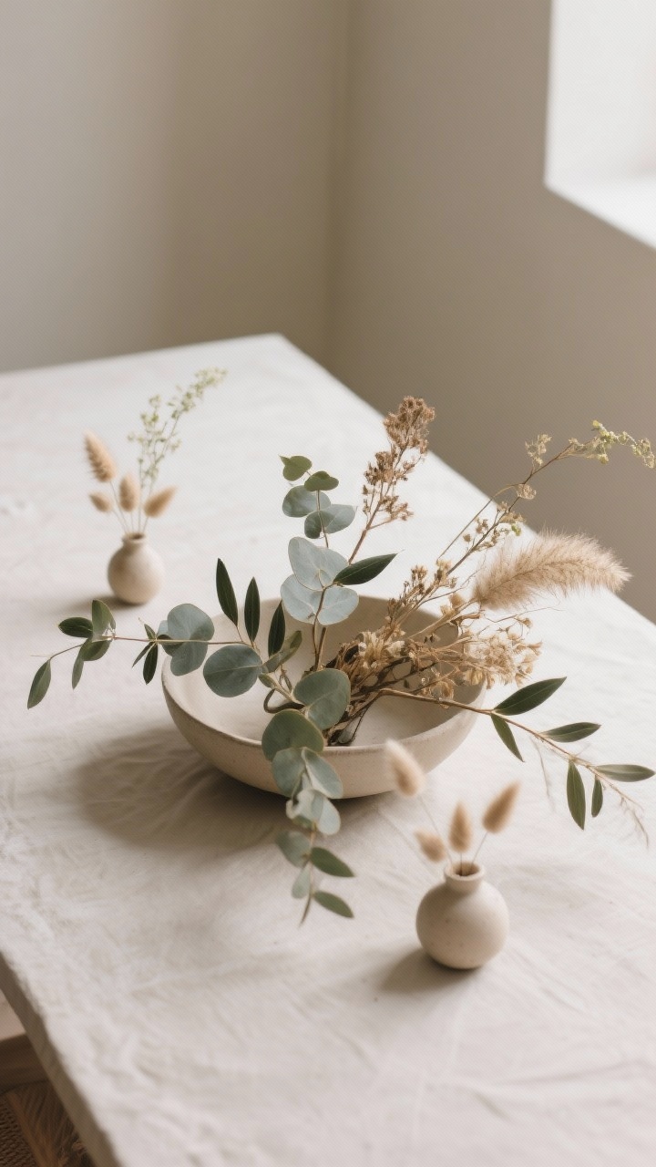 Corner-angle medium shot — Soft foliage and dried stems in muted tones: eucalyptus and olive branches arranged low and loose in a shallow neutral vessel, with small repeated moments of dried bunny tails and pampas in two or three tiny bud vases spaced down the table. Mix of dried and fresh stems for texture and movement; airy composition that avoids springlike florals. Gentle natural light, sculptural, calm mood.